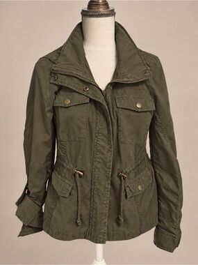 American Rag Women’s L Olive Brown Utility Jacket Hidden Hood Mixed Media
